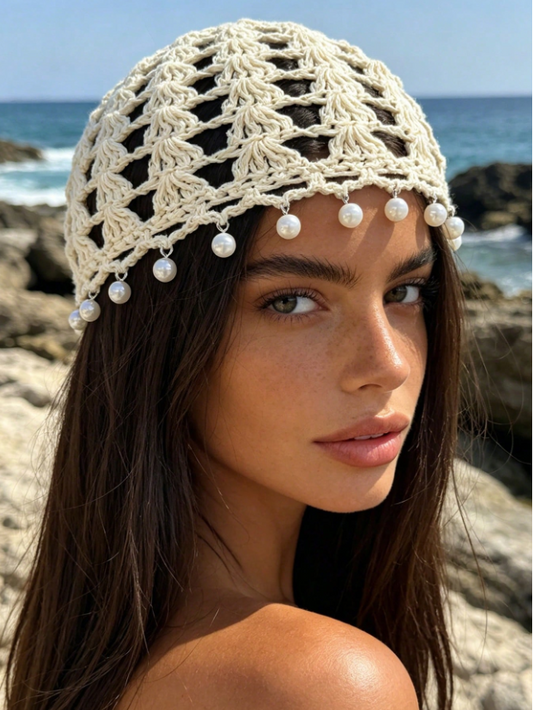 GORRO CROCHET | BLANCO CON PERLAS